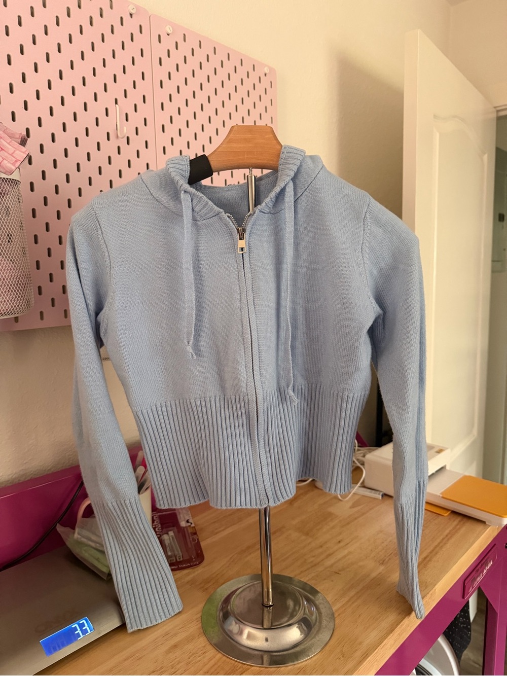 Light Blue Hooded Zip-Front Knit Top